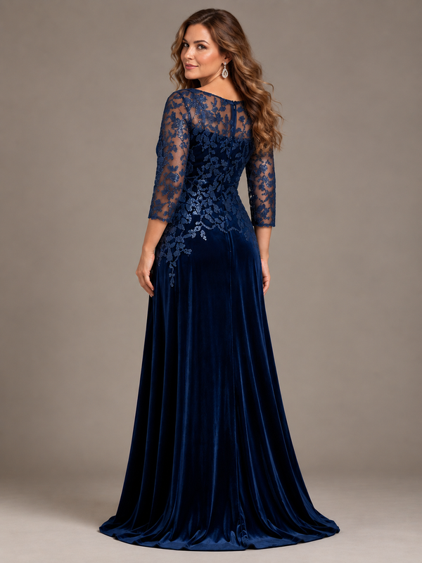 Navy Blue Lace Applique Velvet Maxi Dress