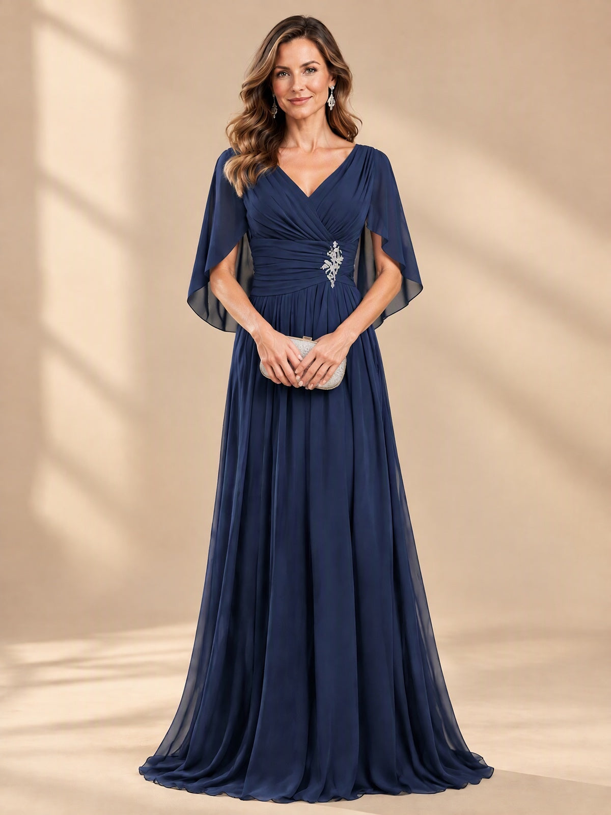Ruched V Neck Mother of The Bride Dresses with Shawls Appliques and Cap Sleeves