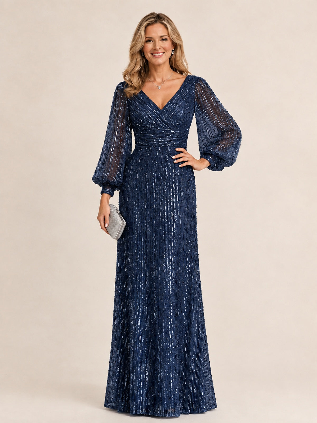 Navy Blue Mermaid Sparkle Sequin Mother of The Bride Dresses with Long Sleeves