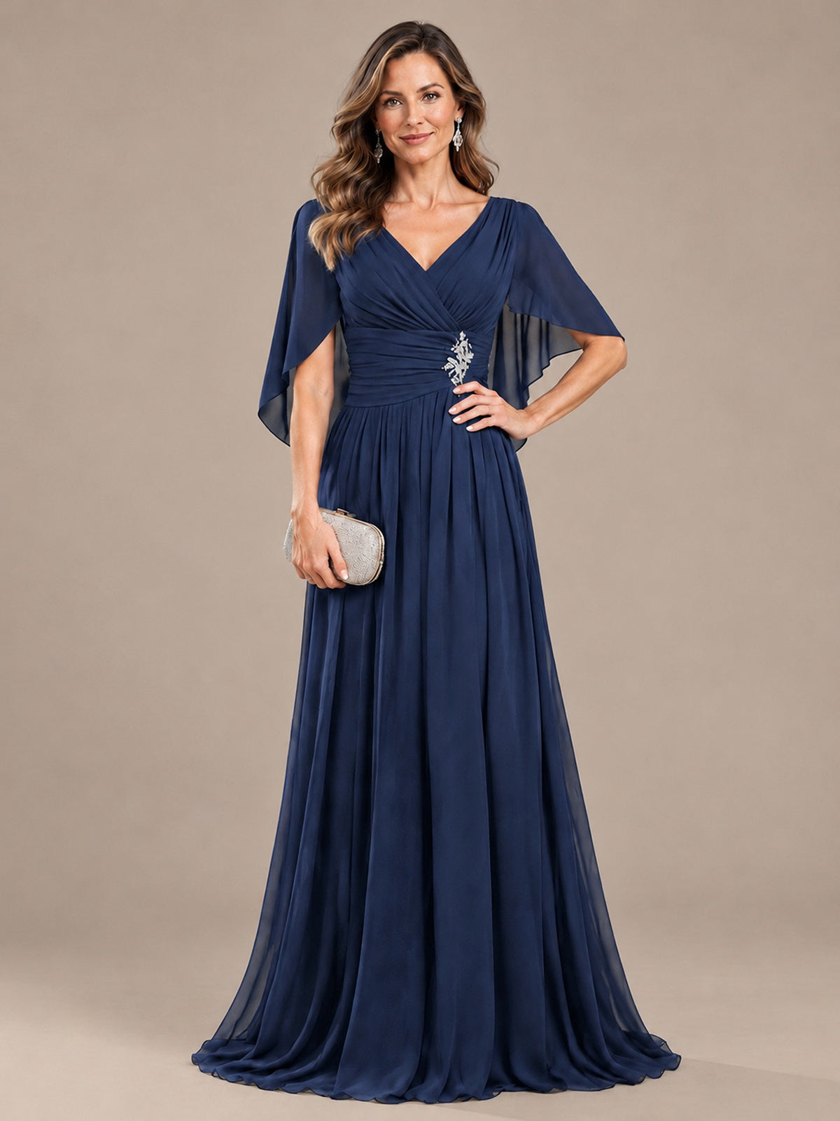 Ruched V Neck Mother of The Bride Dresses with Shawls Appliques and Cap Sleeves