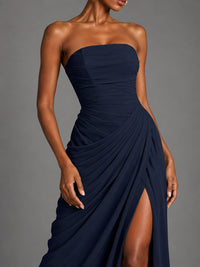 Navy Blue Strapless Bodycon Pleated Chiffon Formal Dress with Slit