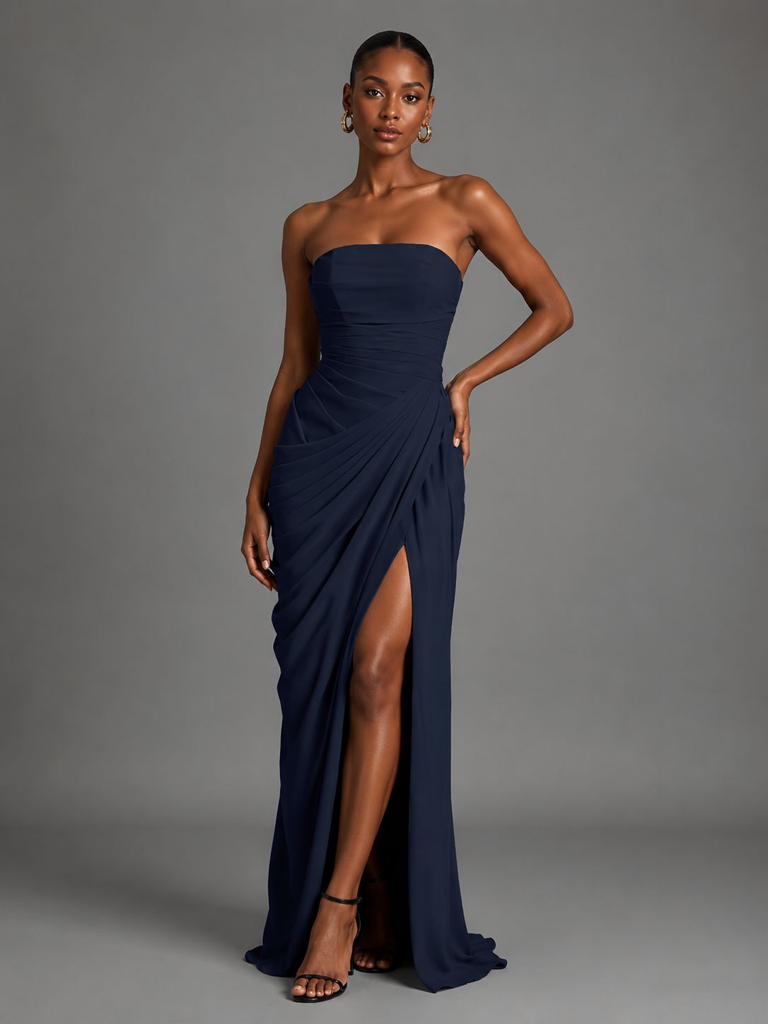 Navy Blue Strapless Bodycon Pleated Chiffon Formal Dress with Slit