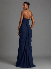 Navy Blue Strapless Bodycon Pleated Chiffon Formal Dress with Slit