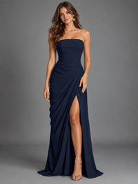 Navy Blue Strapless Bodycon Pleated Chiffon Formal Dress with Slit