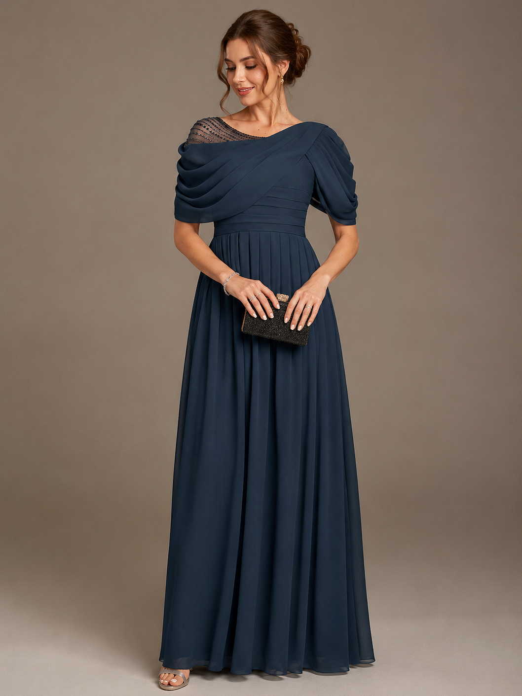 Navy Blue Draped Chiffon A-Line Maxi Dress