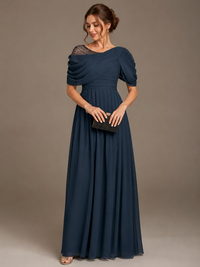 Navy Blue Draped Chiffon A-Line Maxi Dress