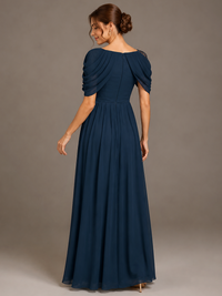 Navy Blue Draped Chiffon A-Line Maxi Dress