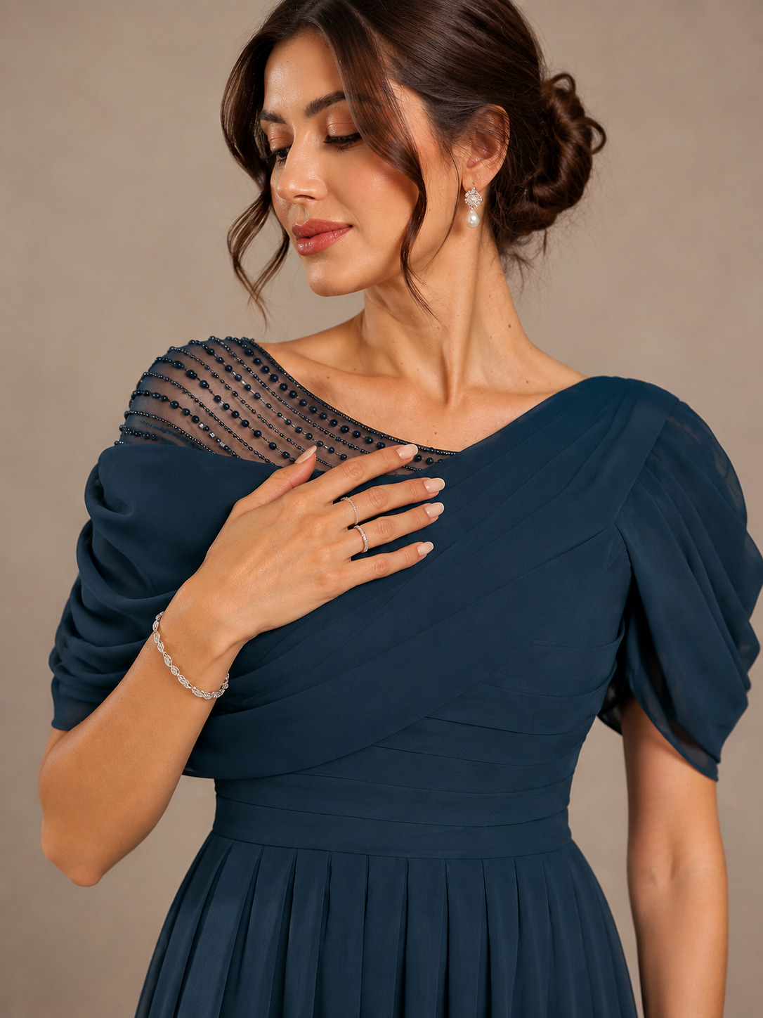Navy Blue Draped Chiffon A-Line Maxi Dress