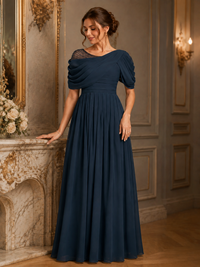 Navy Blue Draped Chiffon A-Line Maxi Dress