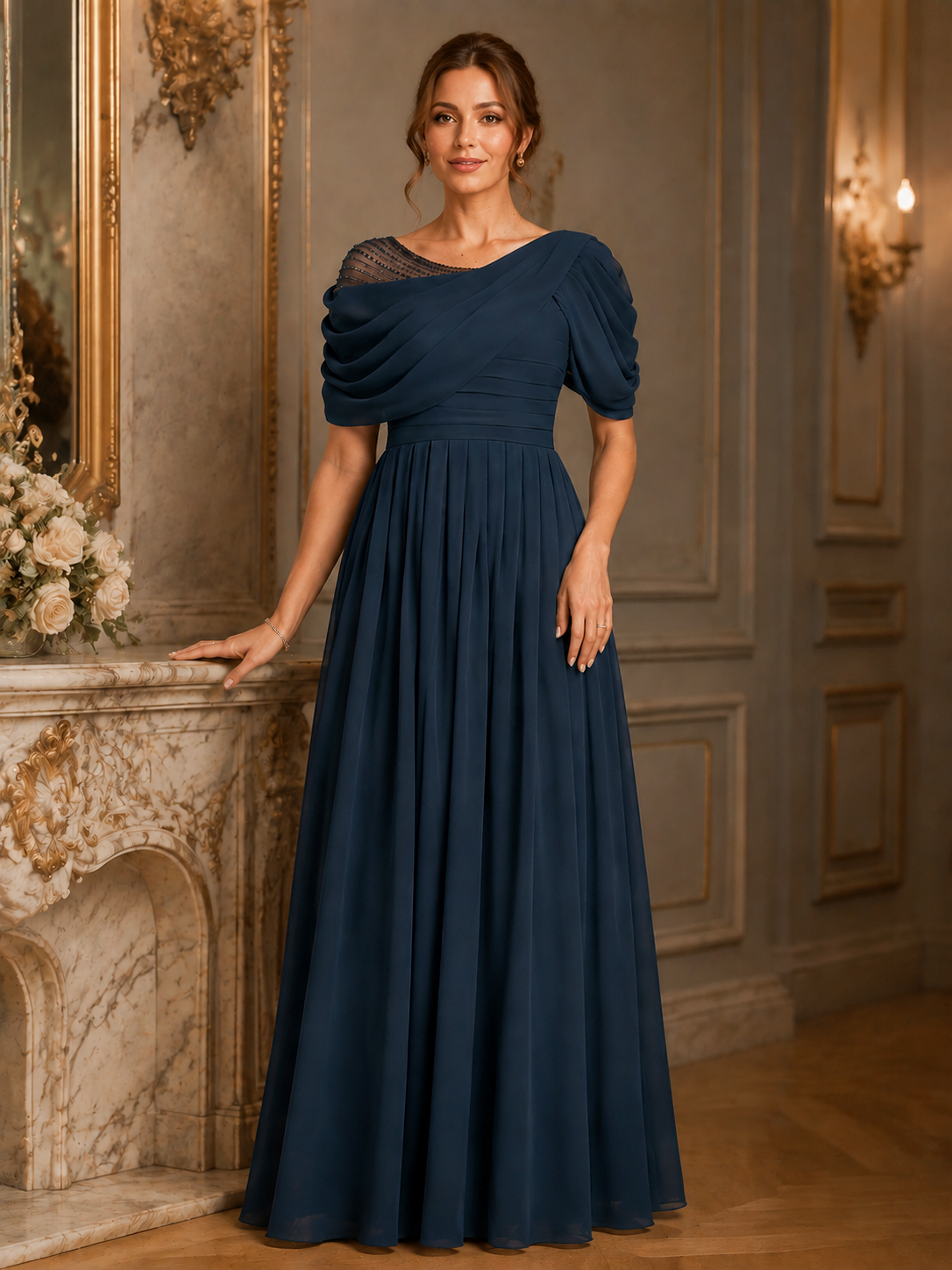 Navy Blue Draped Chiffon A-Line Maxi Dress
