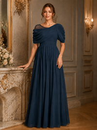 Navy Blue Draped Chiffon A-Line Maxi Dress