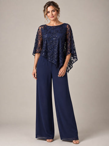 3/4 Sleeve Sequin Chiffon Jumpsuit with Cape