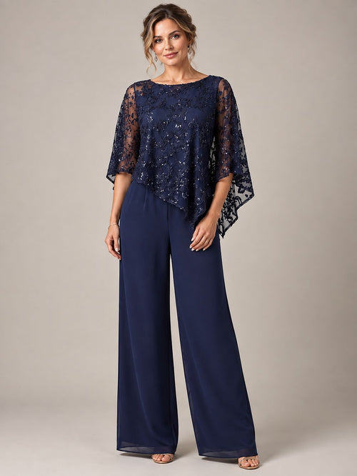 Navy Blue Sequin Chiffon Jumpsuit with Cape - Navy Blue