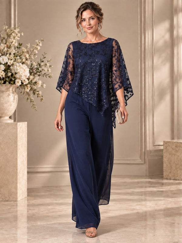 Navy Blue Sequin Chiffon Jumpsuit with Cape