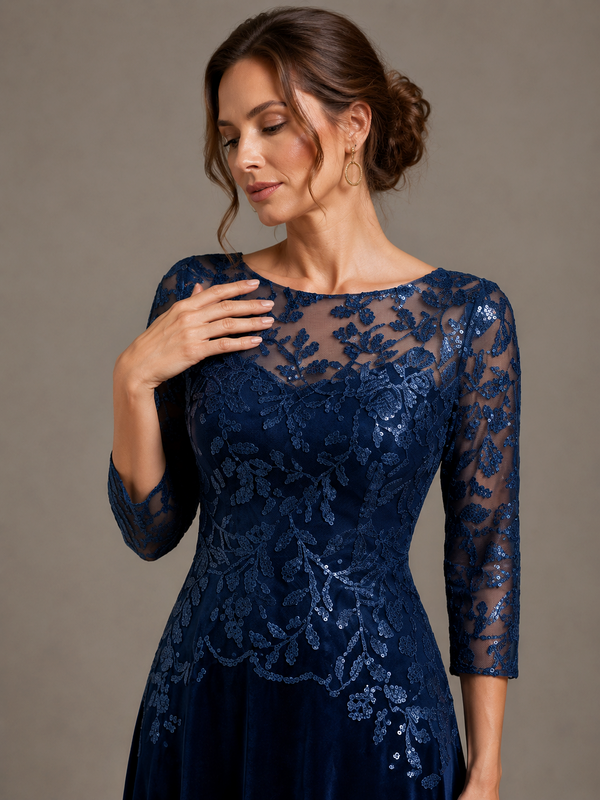 Navy Blue Lace Applique Velvet Maxi Dress