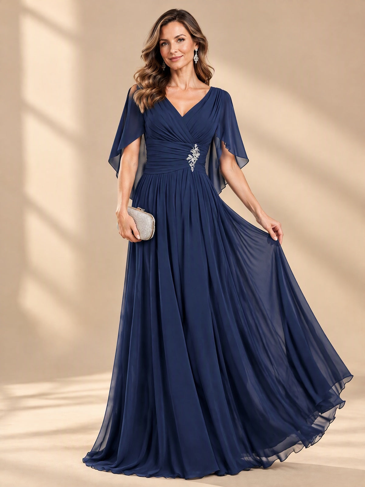 Ruched V Neck Mother of The Bride Dresses with Shawls Appliques and Cap Sleeves