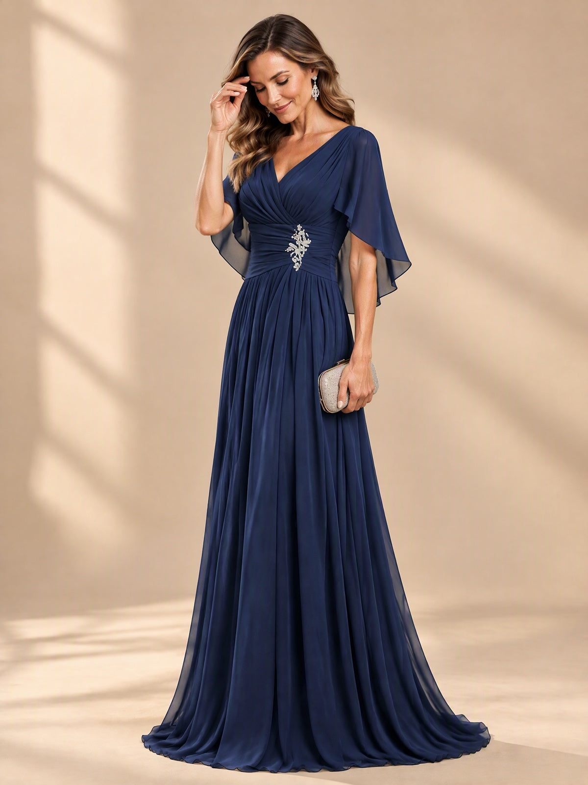 Ruched V Neck Mother of The Bride Dresses with Shawls Appliques and Cap Sleeves
