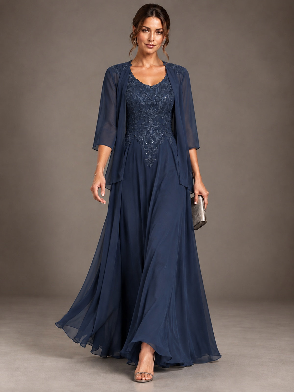 A-line 2 Pieces Chiffon Appliques Mother of The Bride Dresses with Jackets