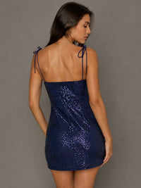 Navy Blue Sequin Spaghetti Strap Mini Dress