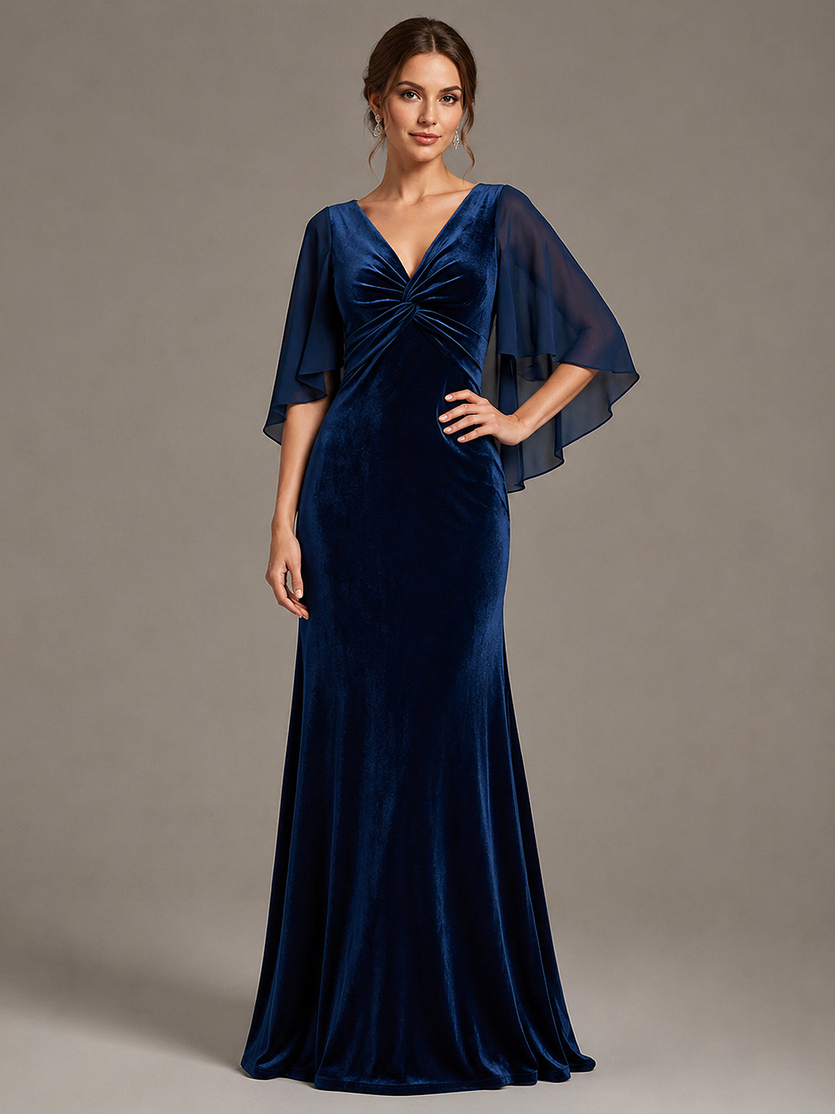 Navy Blue Velvet V Neck Mermaid Formal Dress with Flutter Cape Sleeves