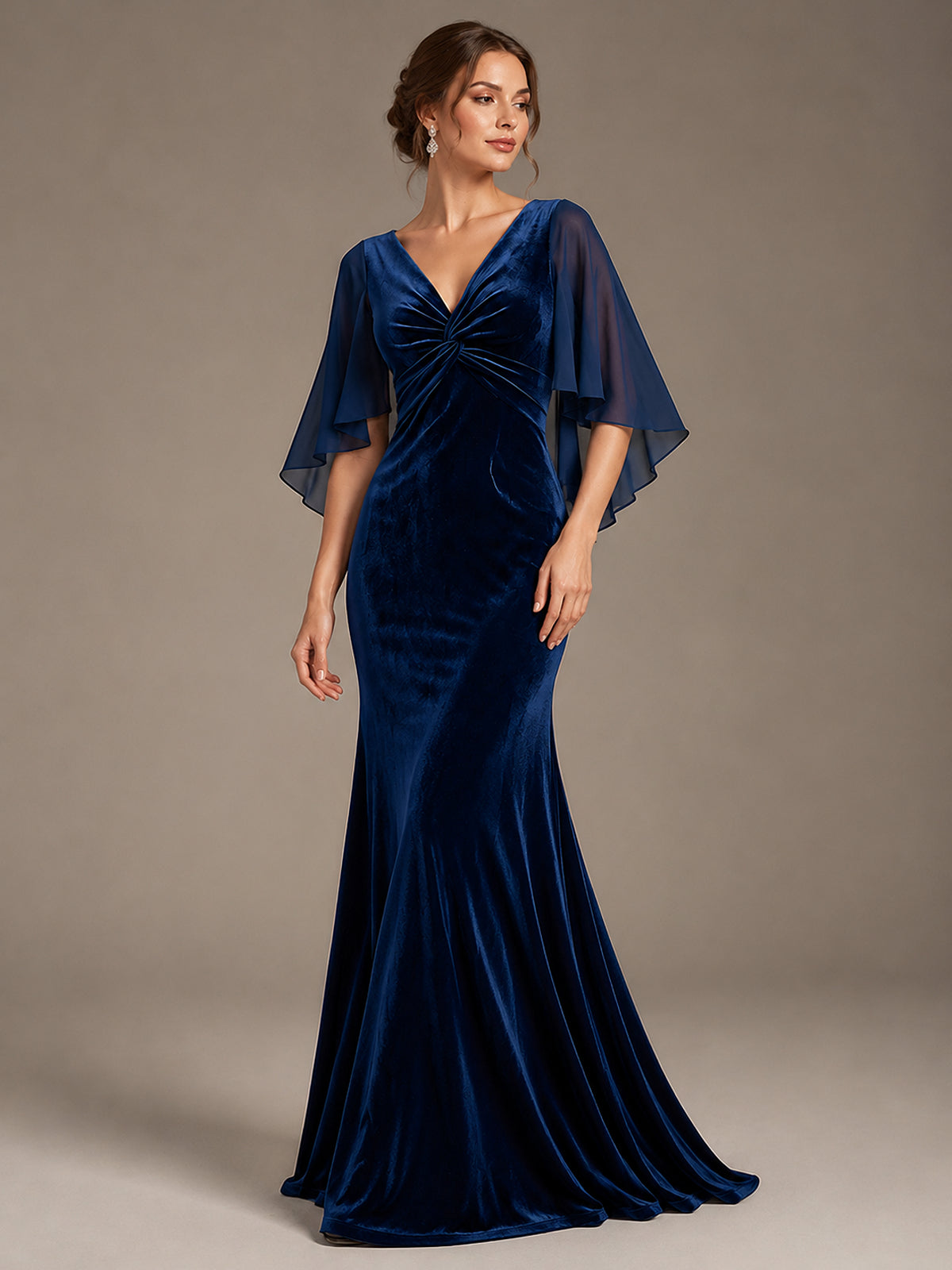 Navy Blue Velvet V Neck Mermaid Formal Dress with Flutter Cape Sleeves