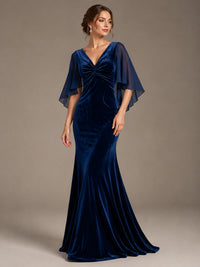 Navy Blue Velvet V Neck Mermaid Formal Dress with Flutter Cape Sleeves