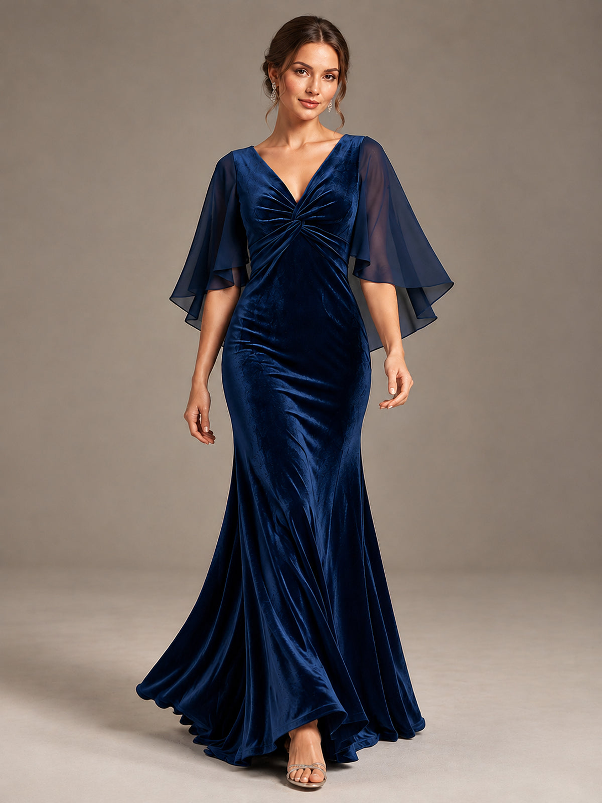 Navy Blue Velvet V Neck Mermaid Formal Dress with Flutter Cape Sleeves