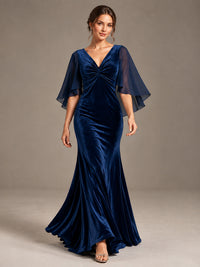 Navy Blue Velvet V Neck Mermaid Formal Dress with Flutter Cape Sleeves