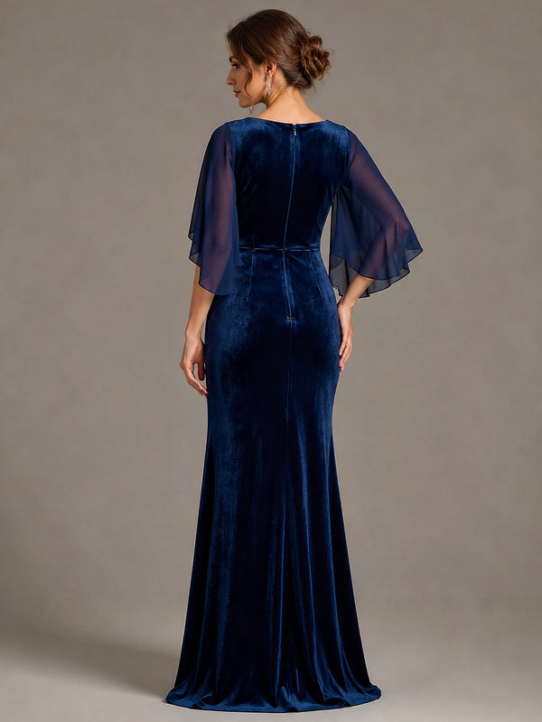 Velvet V Neck Mermaid Formal Dress with Flutter Cape Sleeves