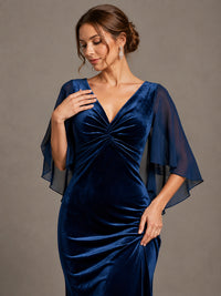 Navy Blue Velvet V Neck Mermaid Formal Dress with Flutter Cape Sleeves