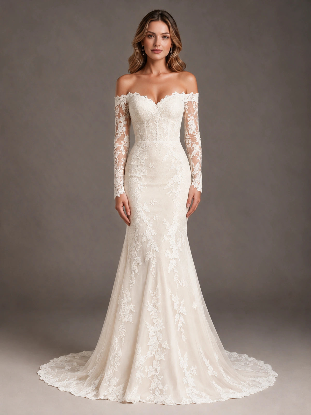 Off the shoulder long sleeve lace mermaid wedding dress