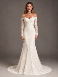 Off the shoulder long sleeve lace mermaid wedding dress