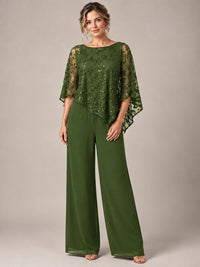 3/4 Sleeve Sequin Chiffon Jumpsuit with Cape