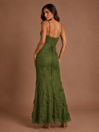 Floral Applique Mermaid Formal Dress with Lace-Up Back