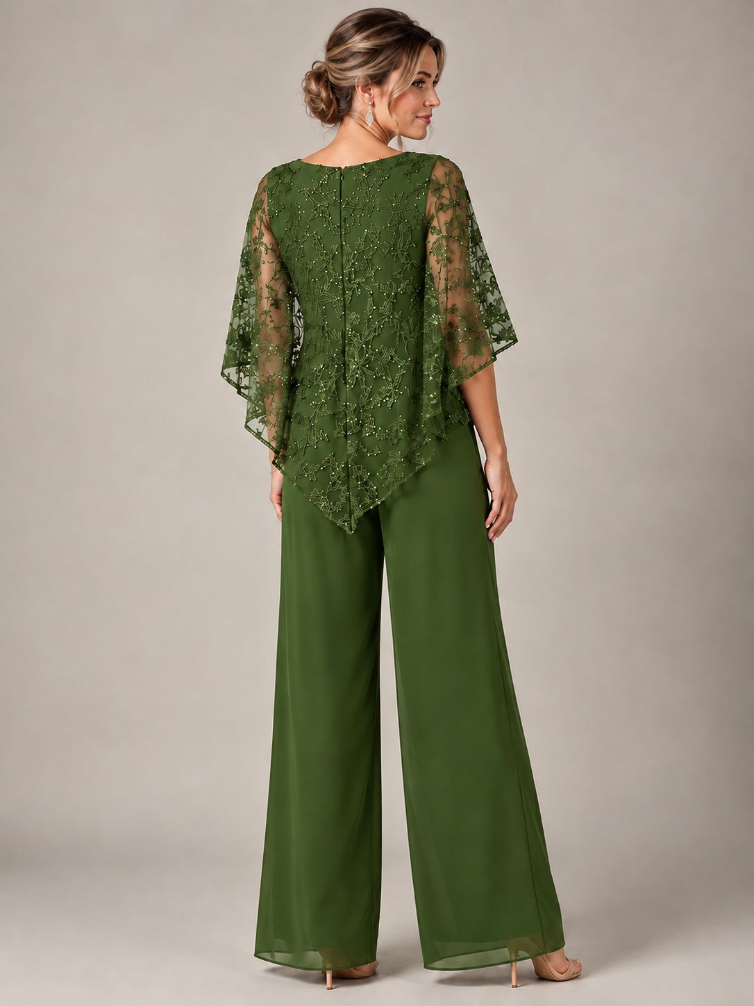 3/4 Sleeve Sequin Chiffon Jumpsuit with Cape