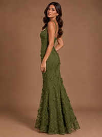 Floral Applique Mermaid Formal Dress with Lace-Up Back