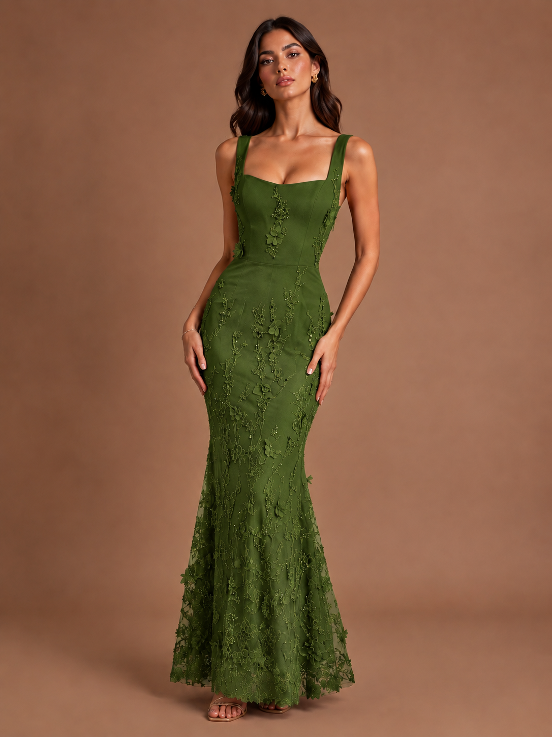 Floral Applique Mermaid Formal Dress with Lace-Up Back