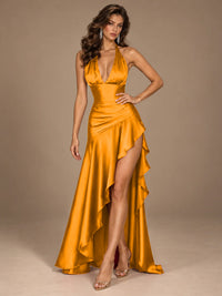 Burgundy Halter Deep V-Neck Ruched High Slit Ruffle Prom Dress