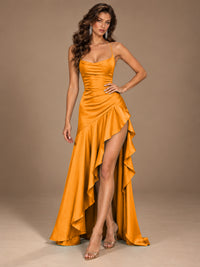 Burgundy Spaghetti Strap Ruched Prom Dress with Ruffled High Slit