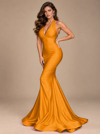 Pink Halter Deep V-Neck Ruched Mermaid Prom Dress