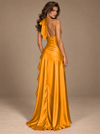Burgundy Halter Deep V-Neck Ruched High Slit Ruffle Prom Dress