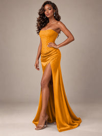 Burgundy Strapless Sparkly Corset Prom Dress with High Slit