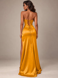 Burgundy Strapless Sparkly Corset Prom Dress with High Slit