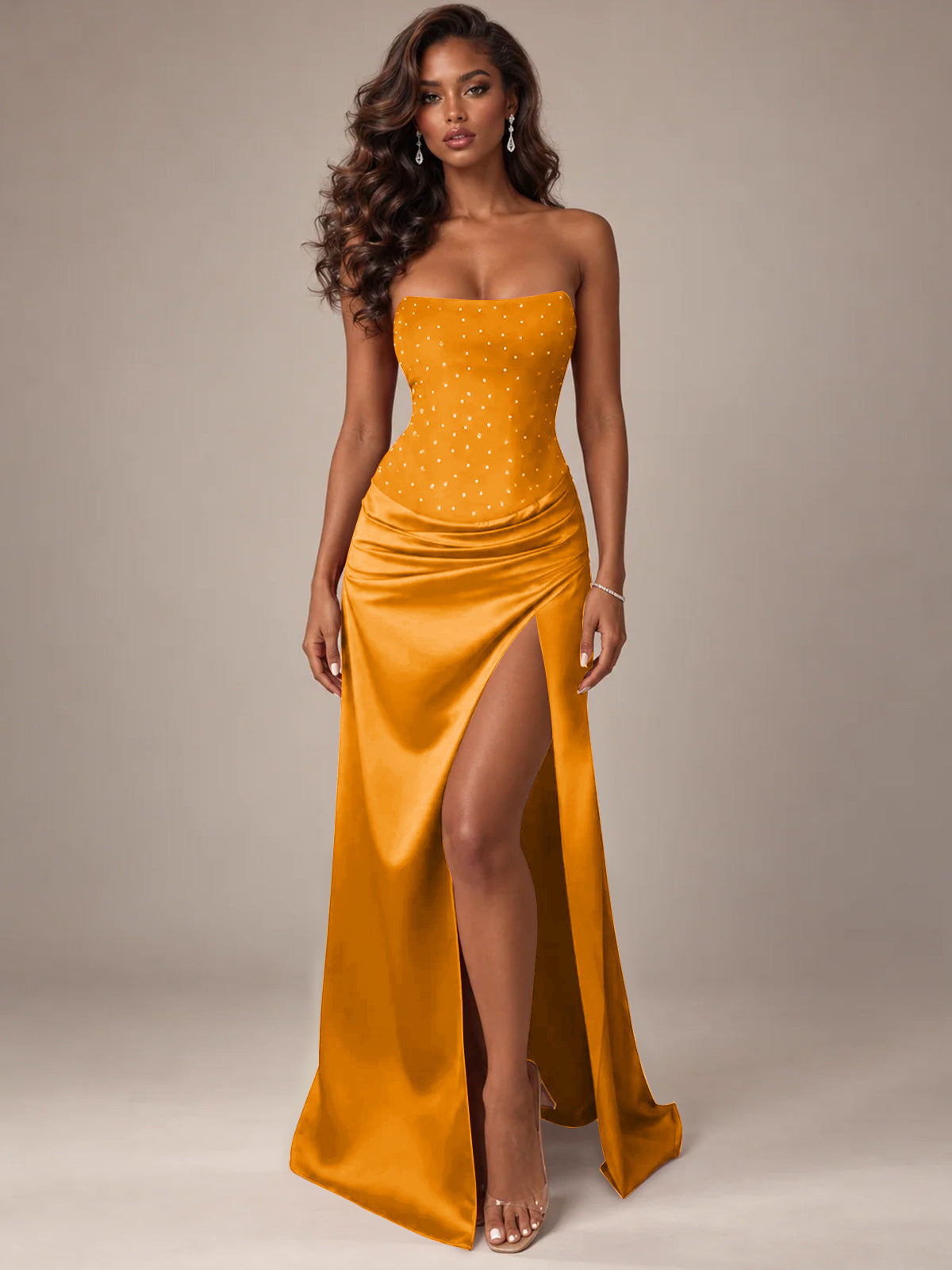 Burgundy Strapless Sparkly Corset Prom Dress with High Slit