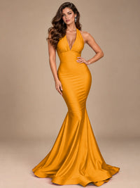 Pink Halter Deep V-Neck Ruched Mermaid Prom Dress
