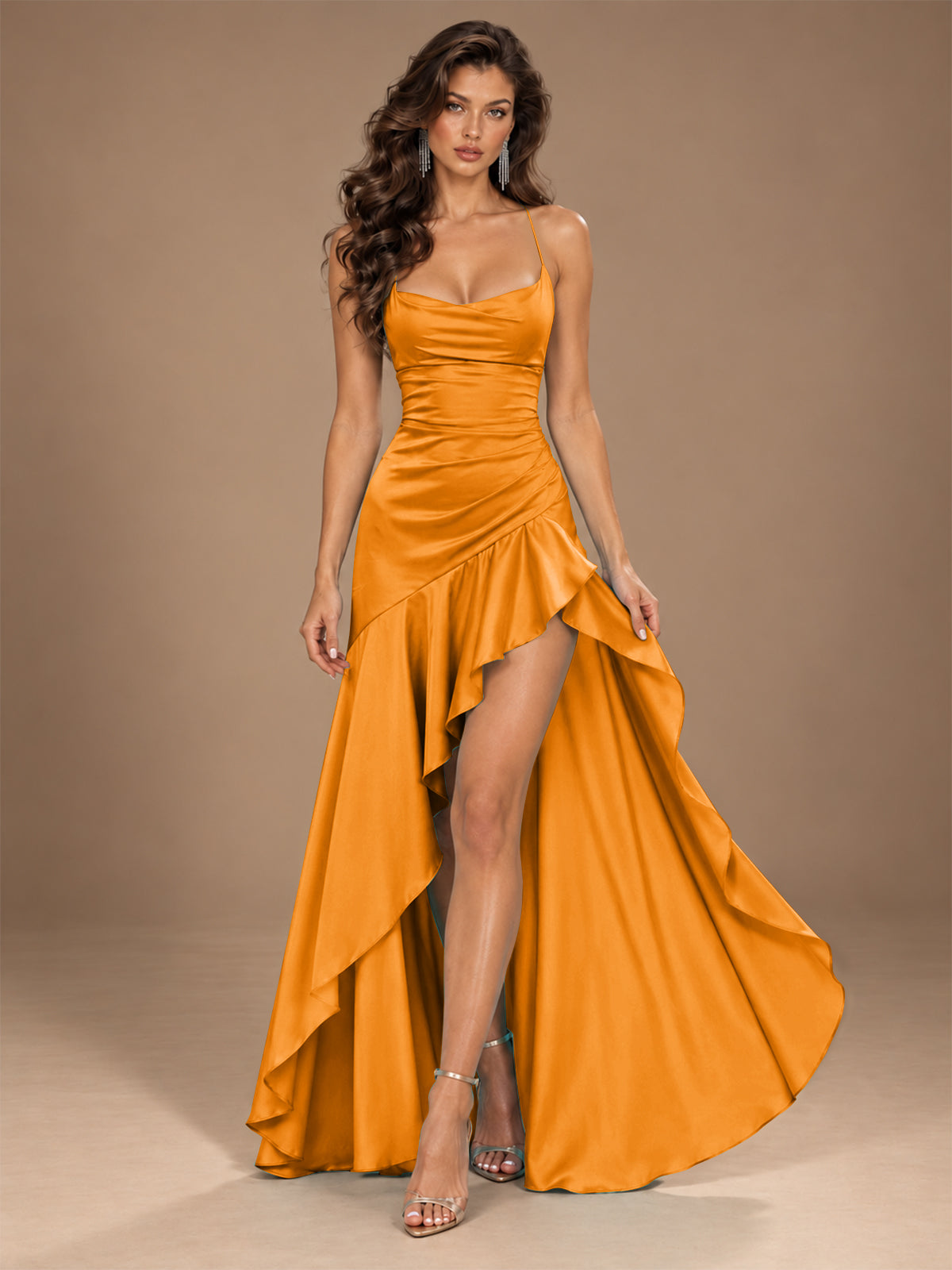 Burgundy Spaghetti Strap Ruched Prom Dress with Ruffled High Slit