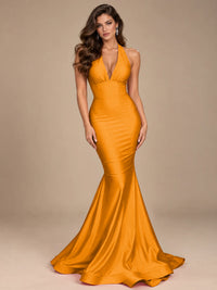 Pink Halter Deep V-Neck Ruched Mermaid Prom Dress