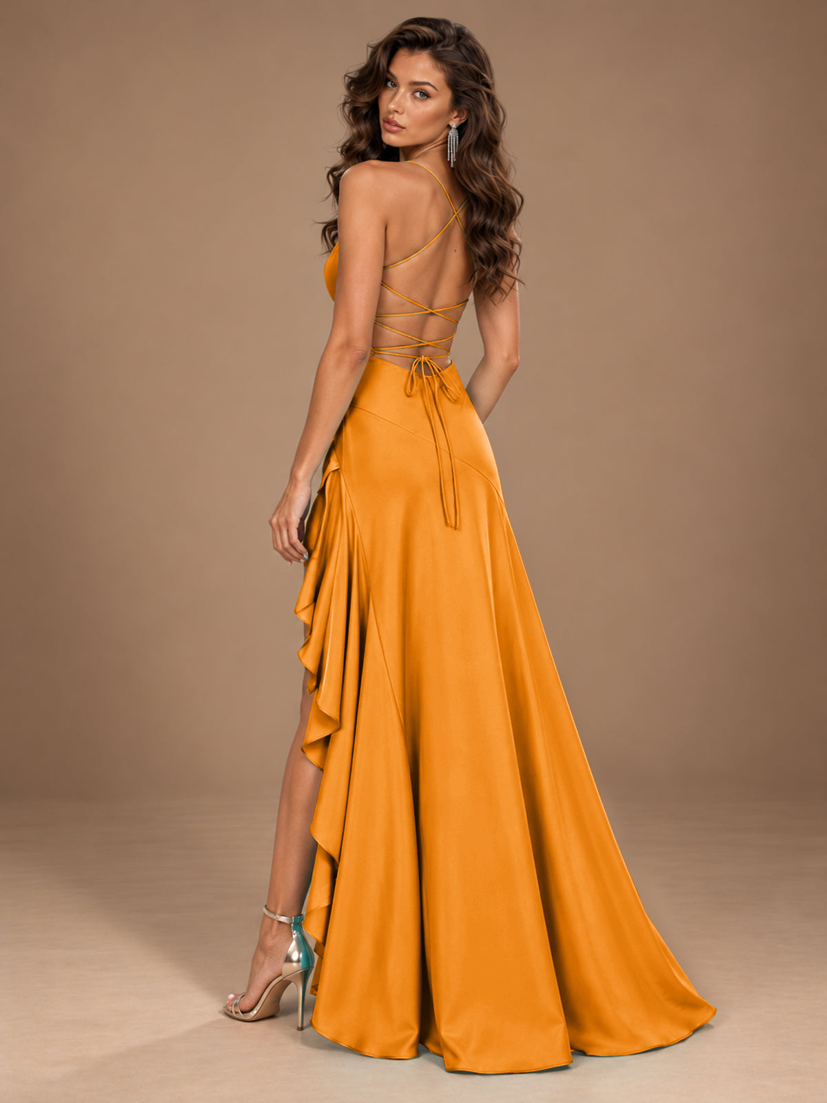 Burgundy Spaghetti Strap Ruched Prom Dress with Ruffled High Slit