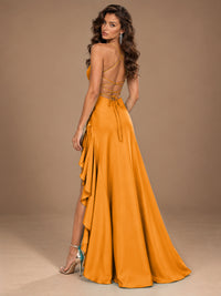Burgundy Spaghetti Strap Ruched Prom Dress with Ruffled High Slit