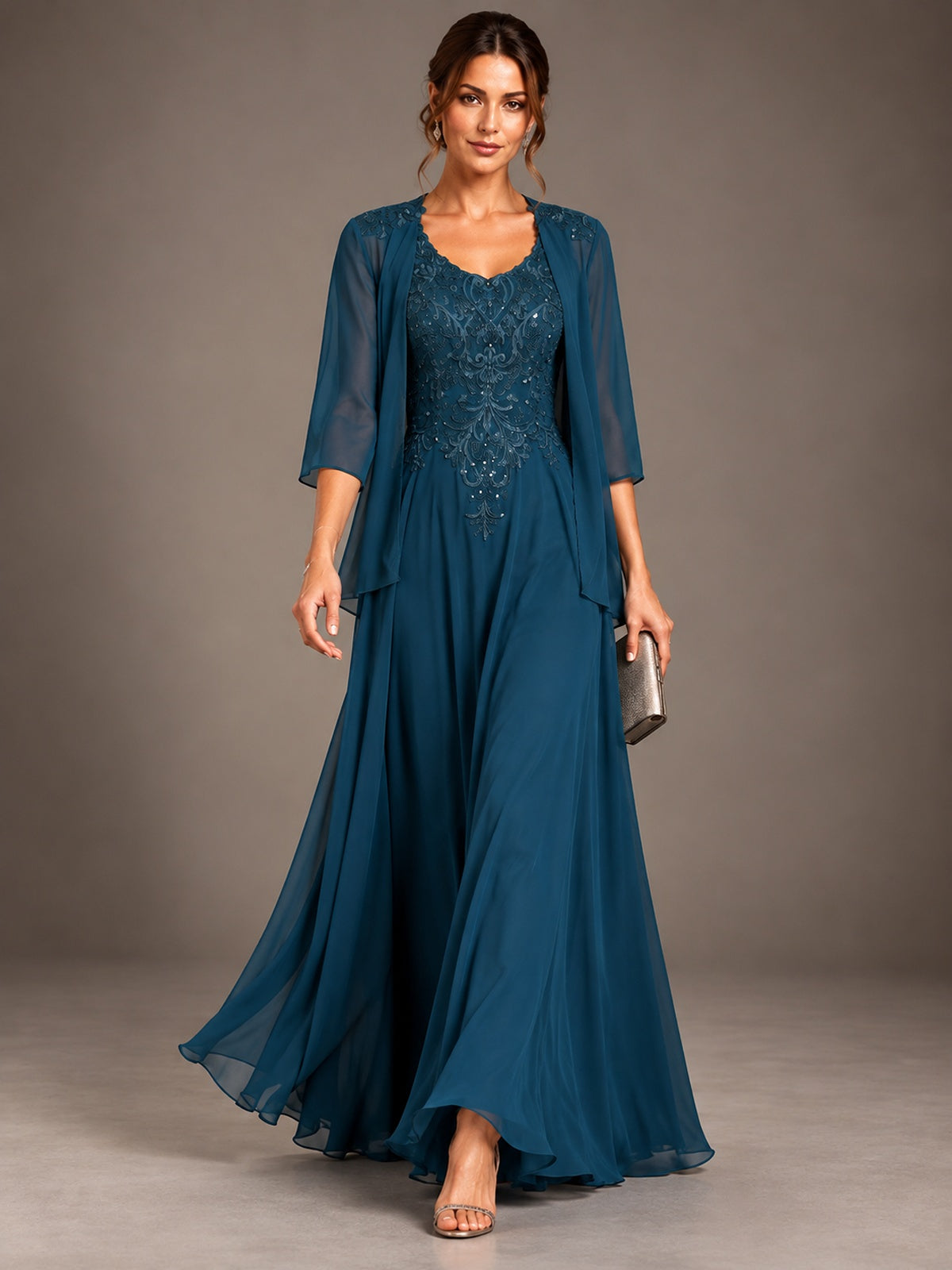 A-line 2 Pieces Chiffon Appliques Mother of The Bride Dresses with Jackets